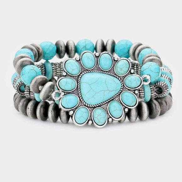 3PCS - Natural Stone Squash Blossom Stretch Bracelets - Picture 1 of 7